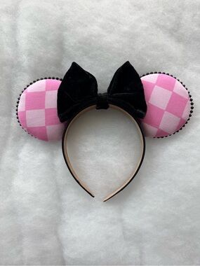 Pink Checker Disney Minnie Mouse Ears ear Headband with Black Velvet Bow